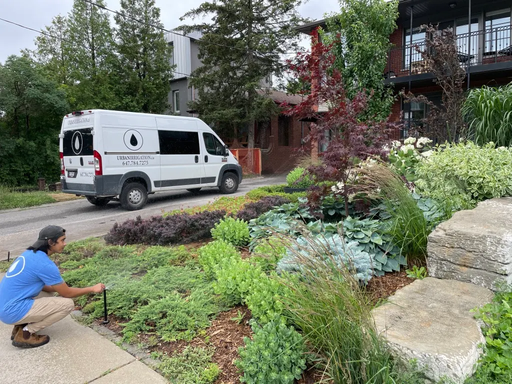 Professional water-saving irrigation system installation by Urban Irrigation in a Forest Hill residential garden, Toronto.