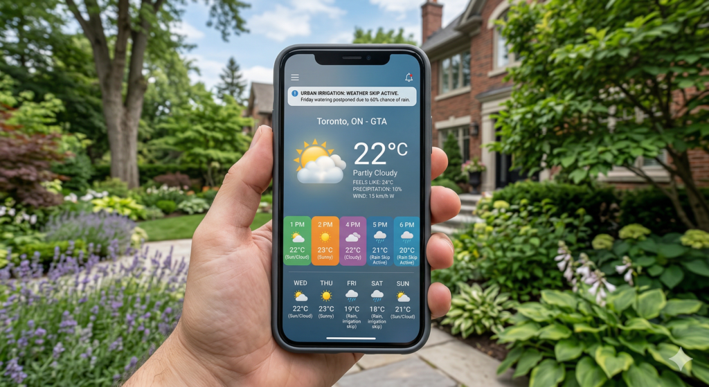 Smart irrigation Wi-Fi controller app showing weather forecast for Toronto.